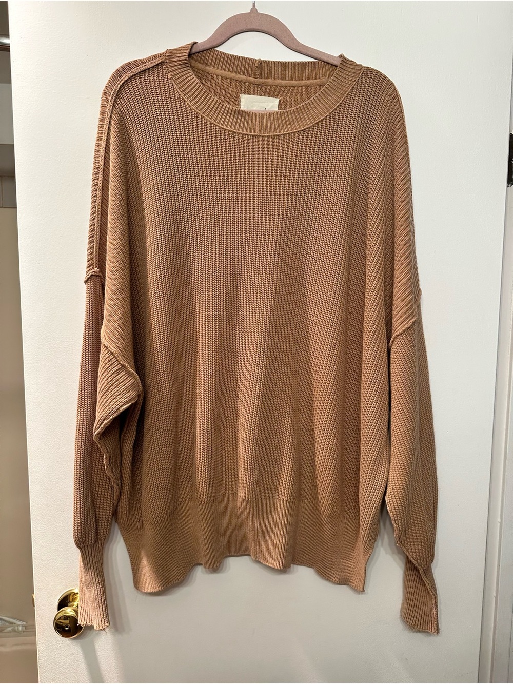 Aerie Cotton Ribbed Knit Sweater in Warm Camel Tan Brown L XL